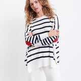 Women's One Size Blue Striped Sweater with Red Hearts on Sleeve Chest View Details