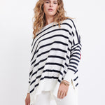 Women's One Size Blue Striped Sweater with Red Hearts on Sleeve Chest View