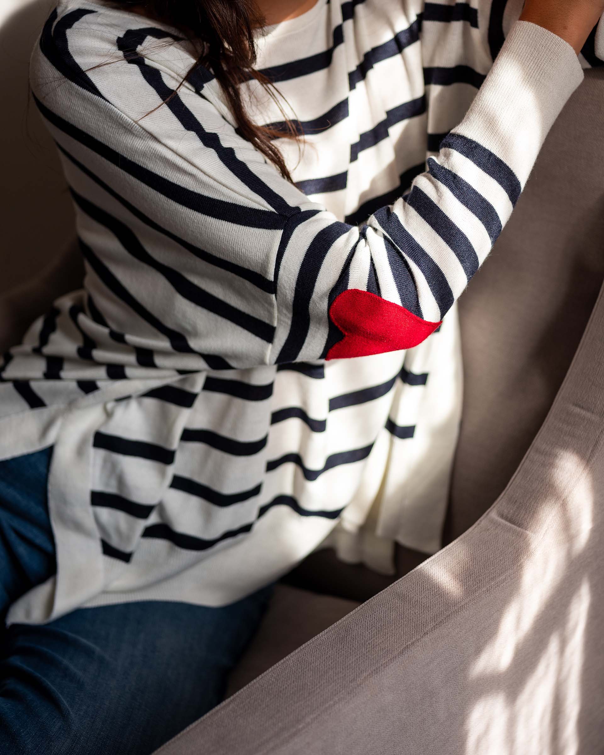 Women's One Size Blue Striped Sweater with Red Hearts on Sleeve Home Lounge