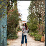 Women's One Size Blue Striped Sweater with Red Hearts on Sleeve Travel Destination