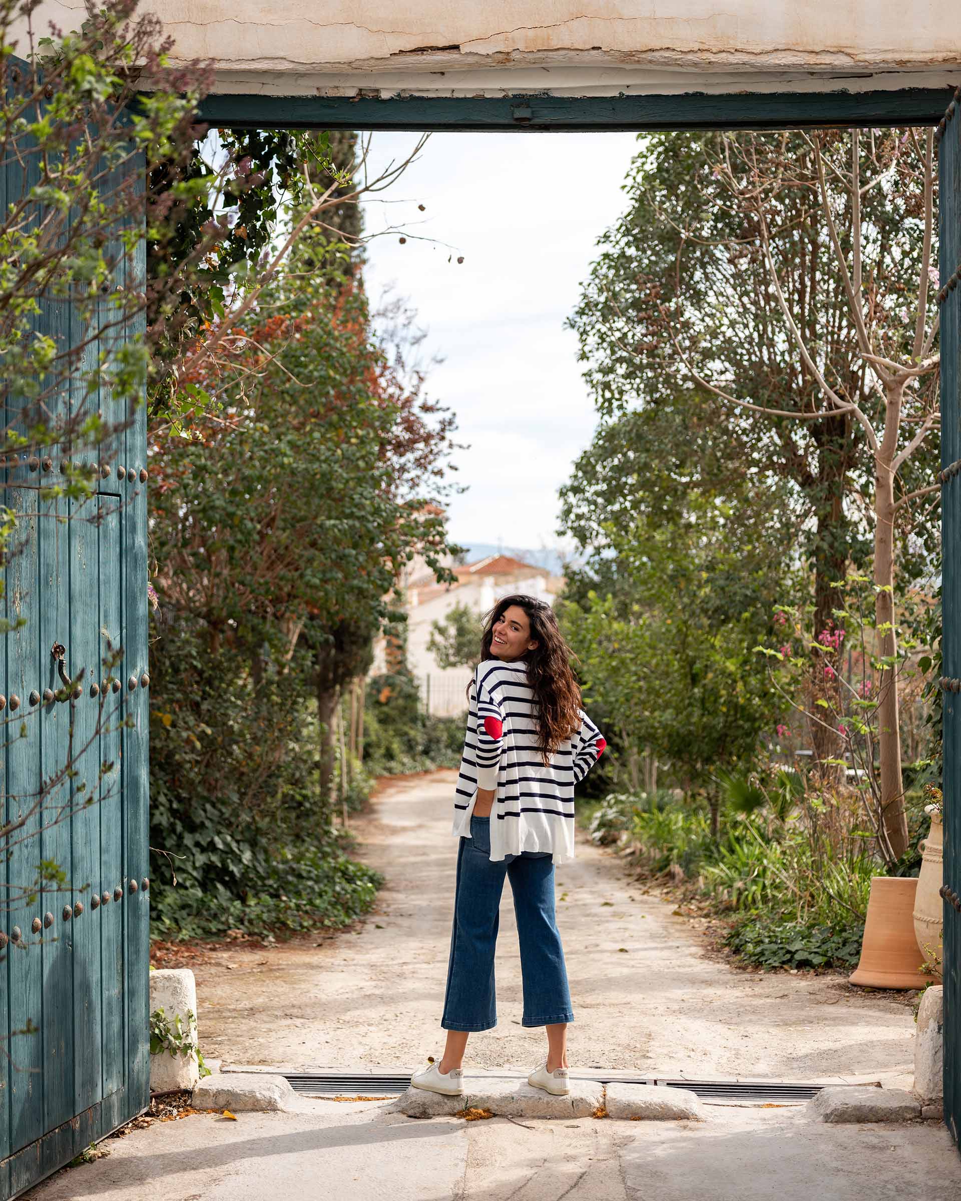 Women's One Size Blue Striped Sweater with Red Hearts on Sleeve Travel Destination