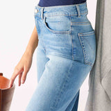 Women's Blue Wash Relaxed Wide Leg Side View Close Up Pocket Detail