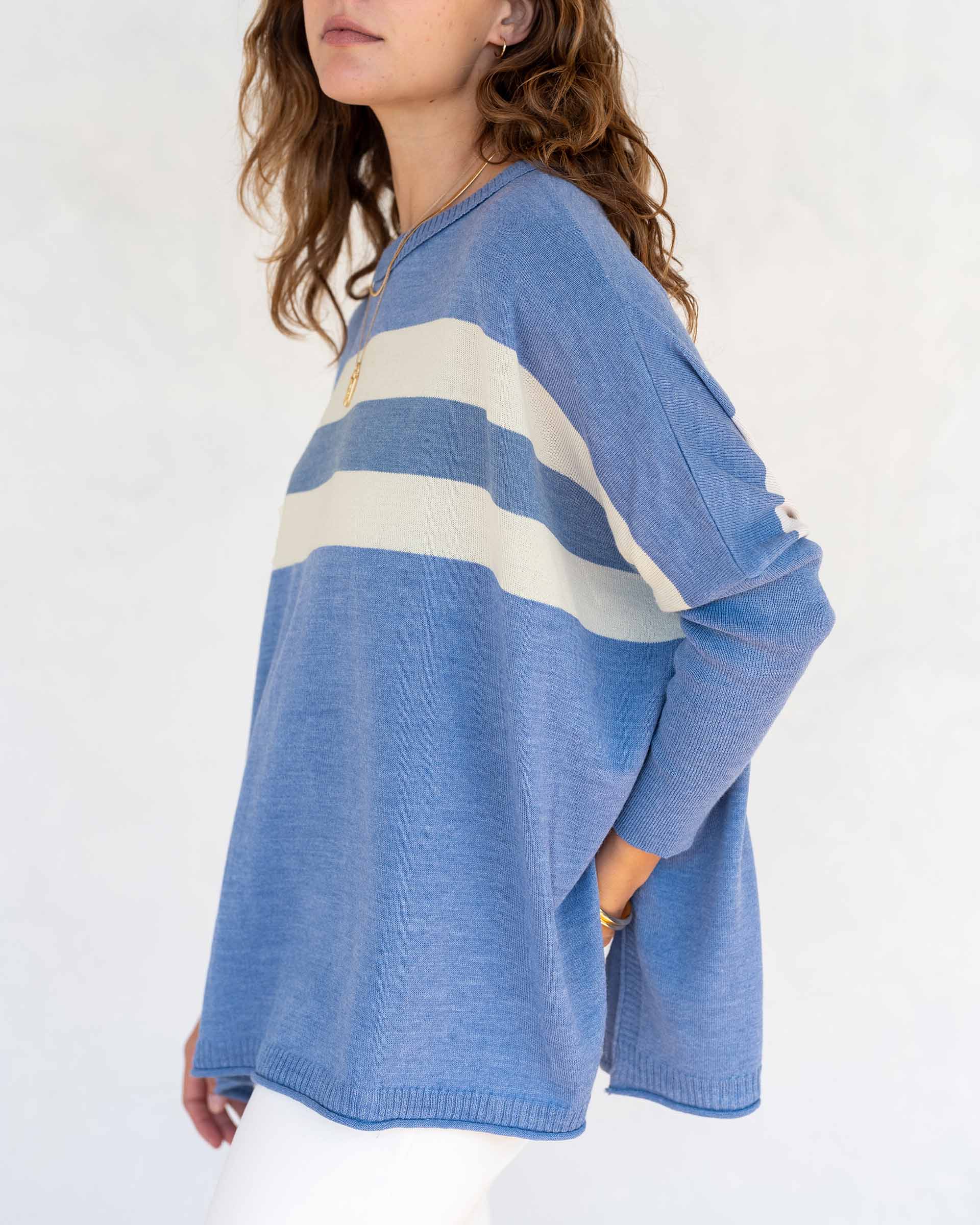 Women's Blue White Striped Crewneck Sweater Oversized