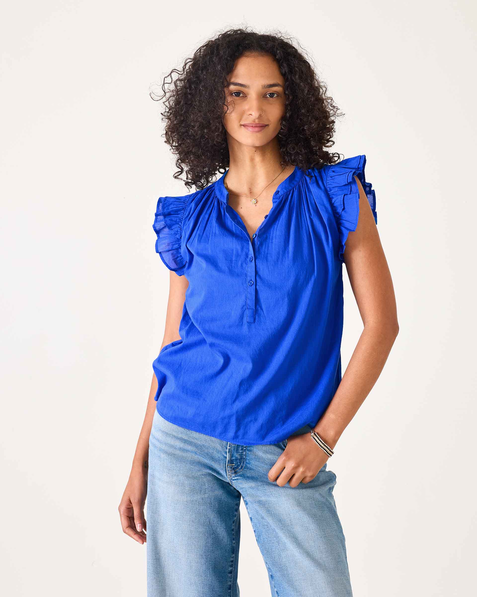Women's Bright Blue Flutter Sleeve Top
