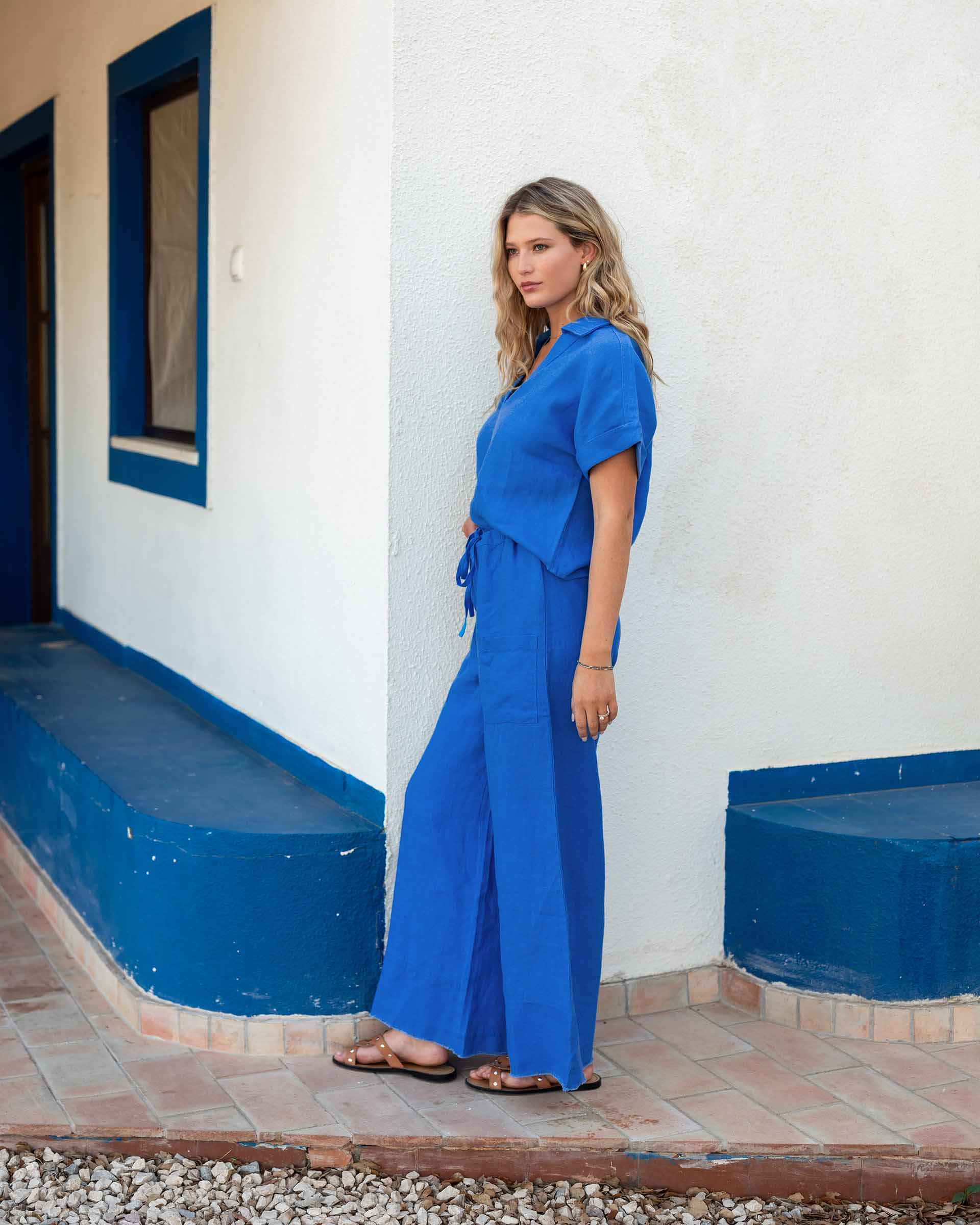 Women's Bright Blue Palazzo Drawstring Pant