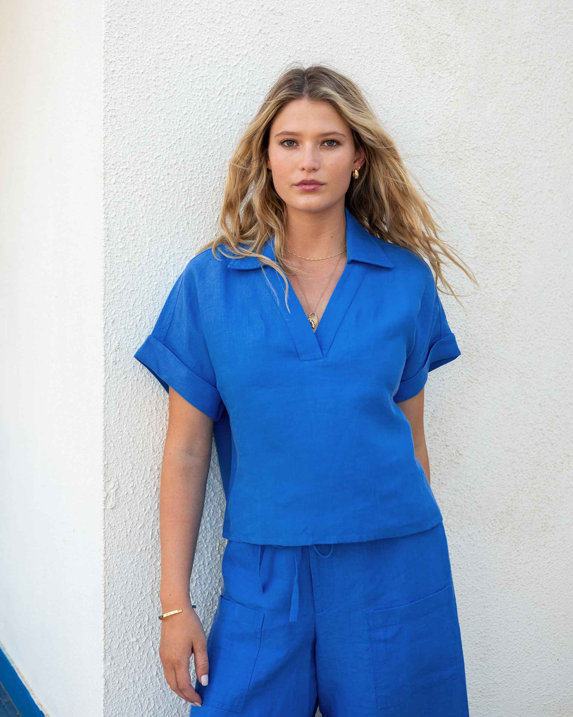 Women's Bright Blue Short Sleeve Linen Top
