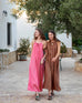 Women's Bright Pink Loose Fit Pullover Maxi Dress Full Body Front View Travel Destination Look
