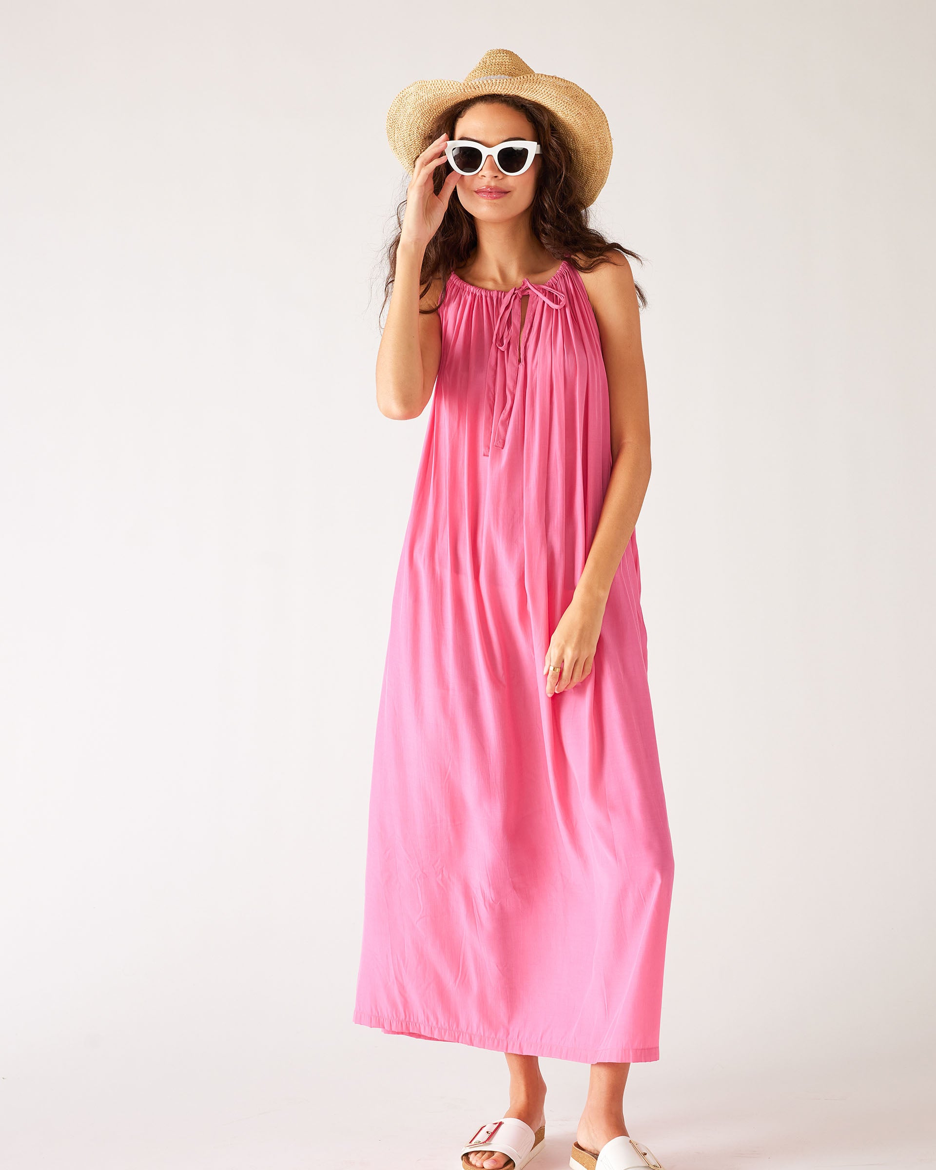 womens bright pink loose fit pullover maxi dress