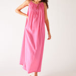 Women's Bright Pink Loose Fit Pullover Maxi Dress Full Body Front View Walking