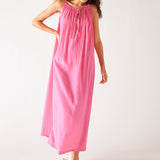 Women's Bright Pink Loose Fit Pullover Maxi Dress Full Body Front View Walking