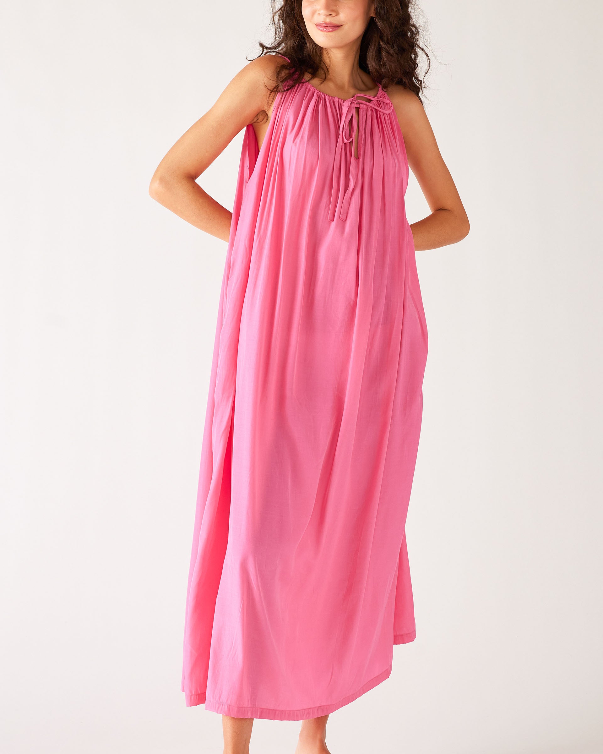 Women's Bright Pink Loose Fit Pullover Maxi Dress Full Body Front View
