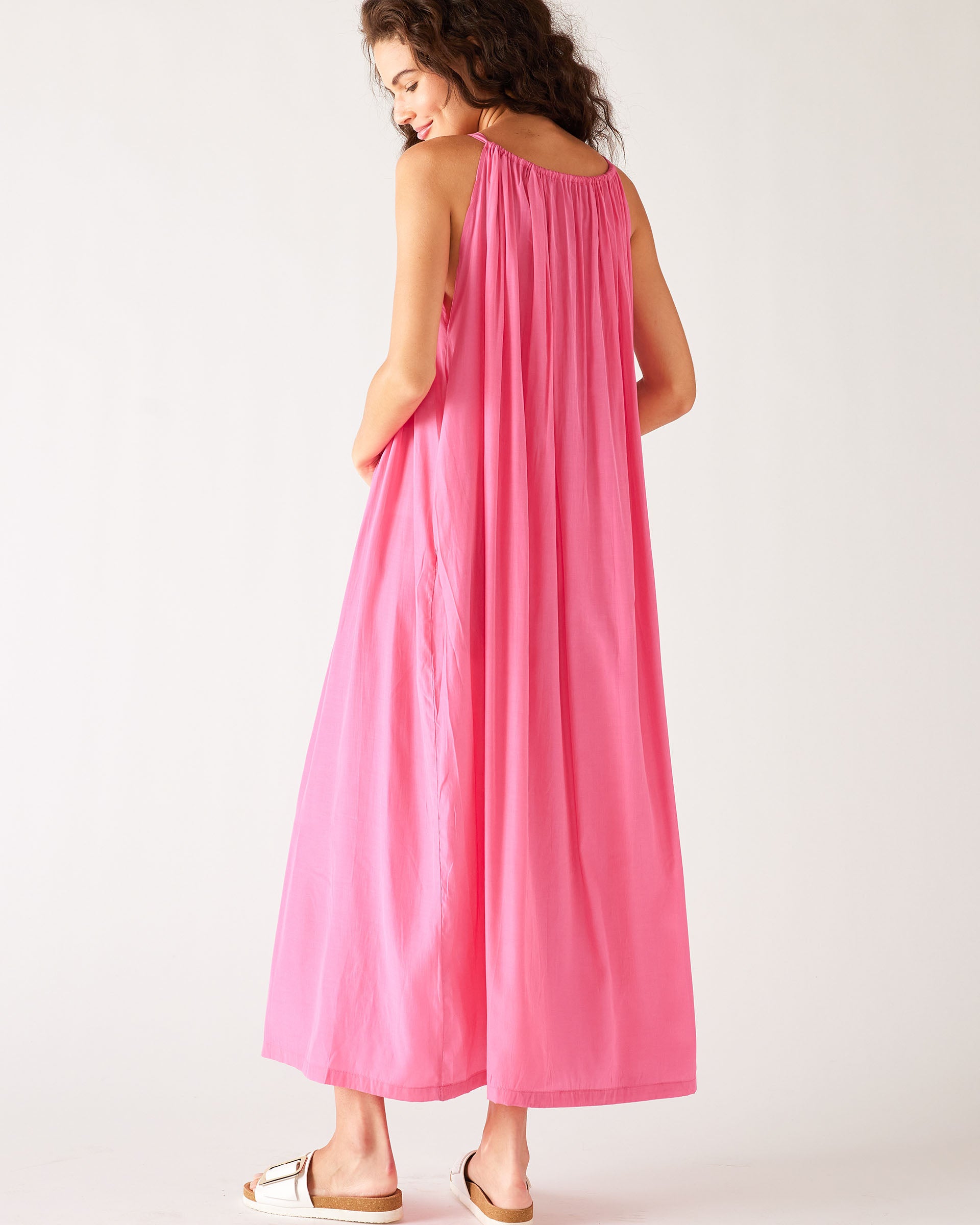 Women's Bright Pink Loose Fit Pullover Maxi Dress Full Body Rear View