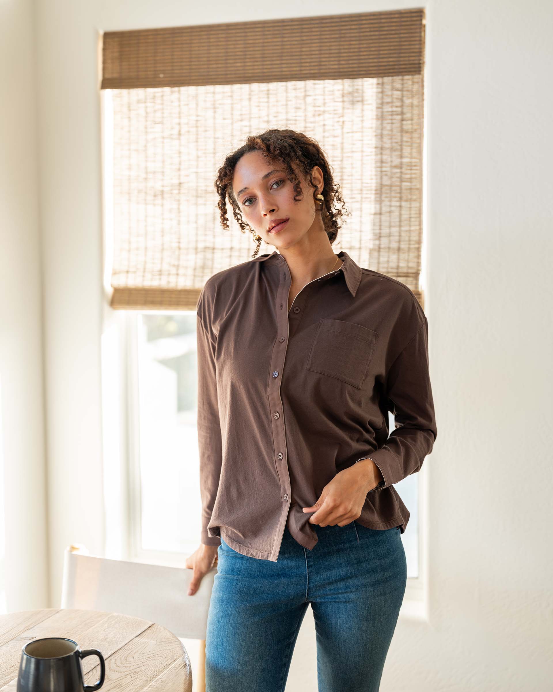 Women's Brown Cotton Button Down