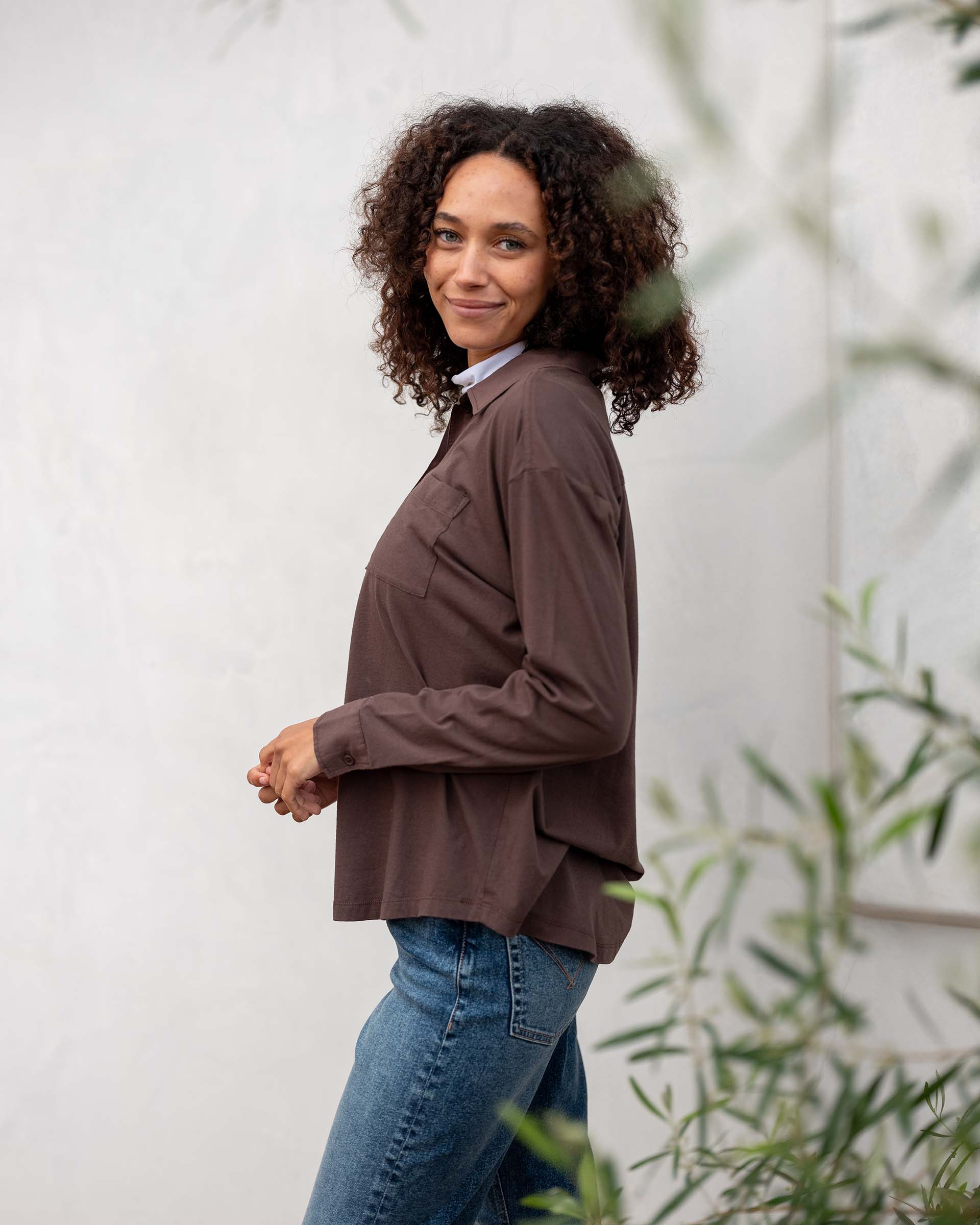 Women's Brown Cotton Button Down