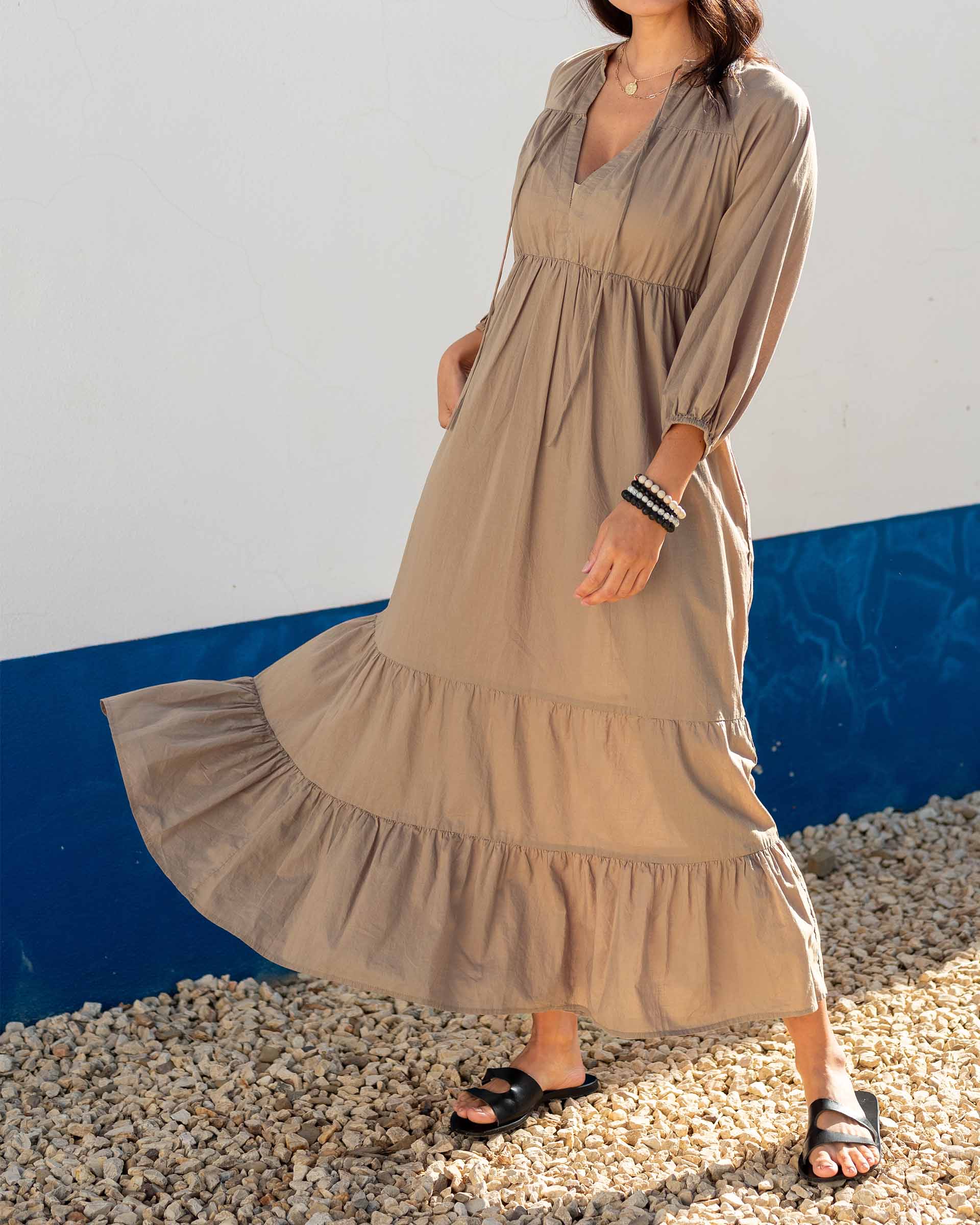 Women's Tan Tiered Maxi Resort Dress