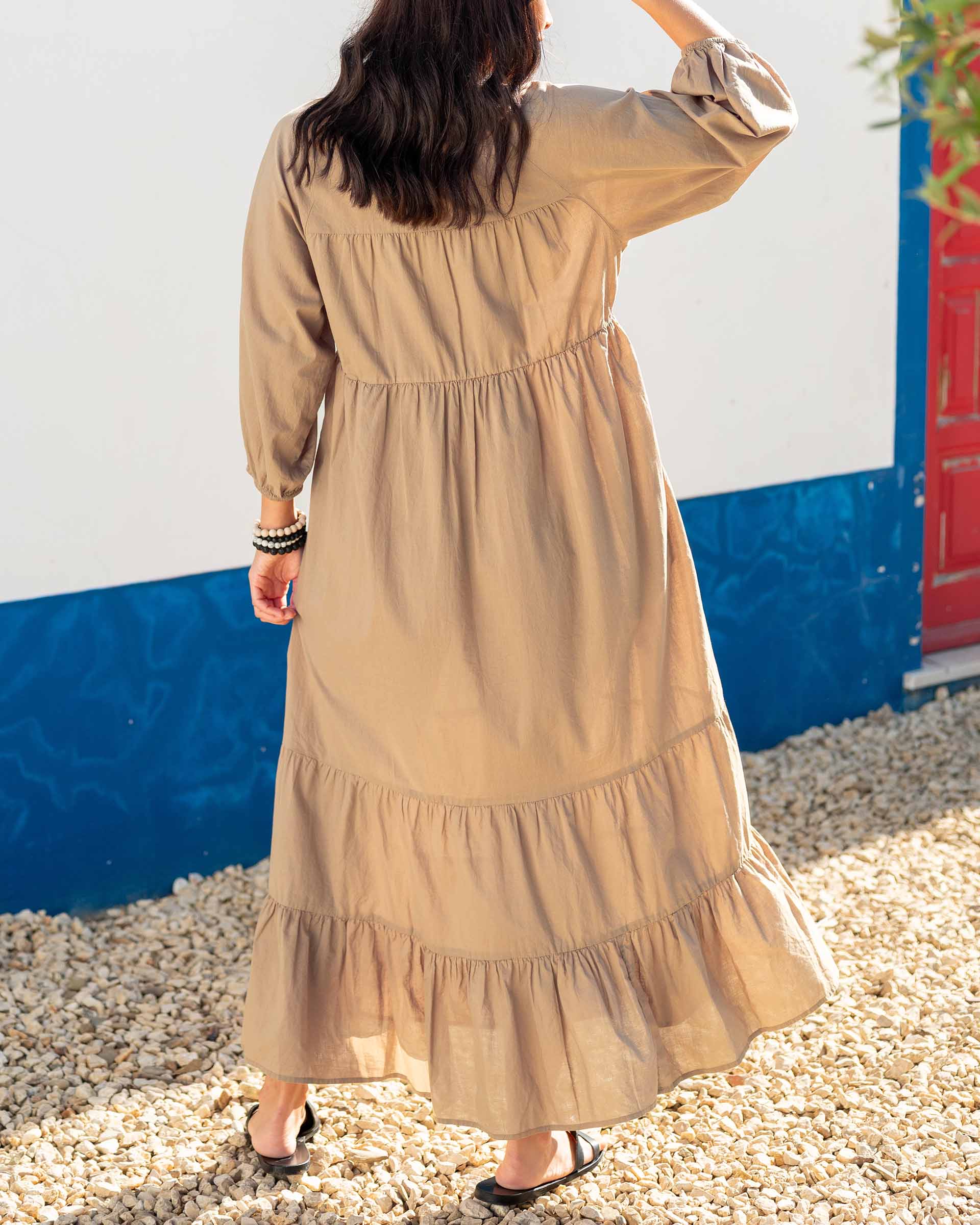 Women's Tan Tiered Maxi Resort Dress