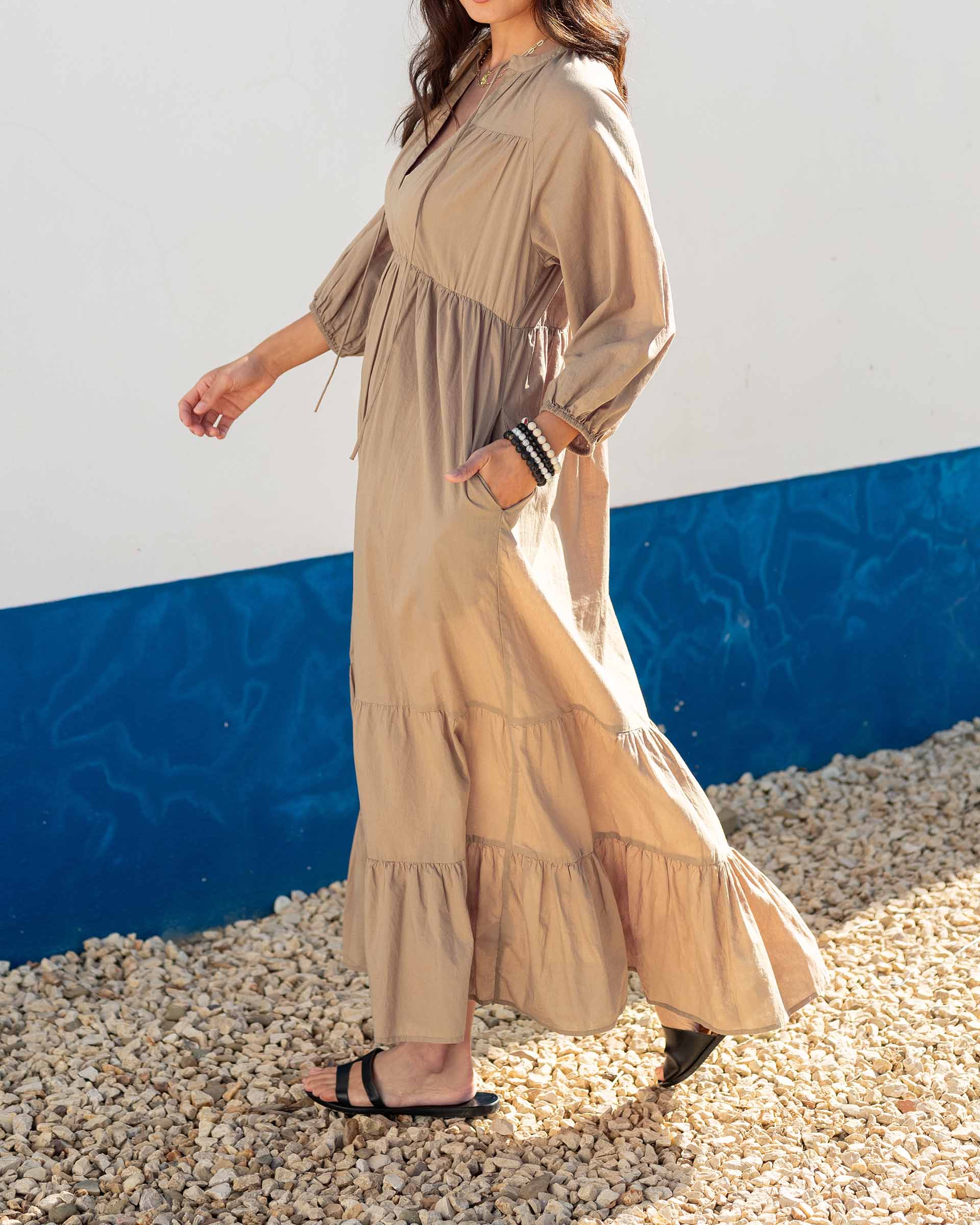 Women's Tan Tiered Maxi Resort Dress
