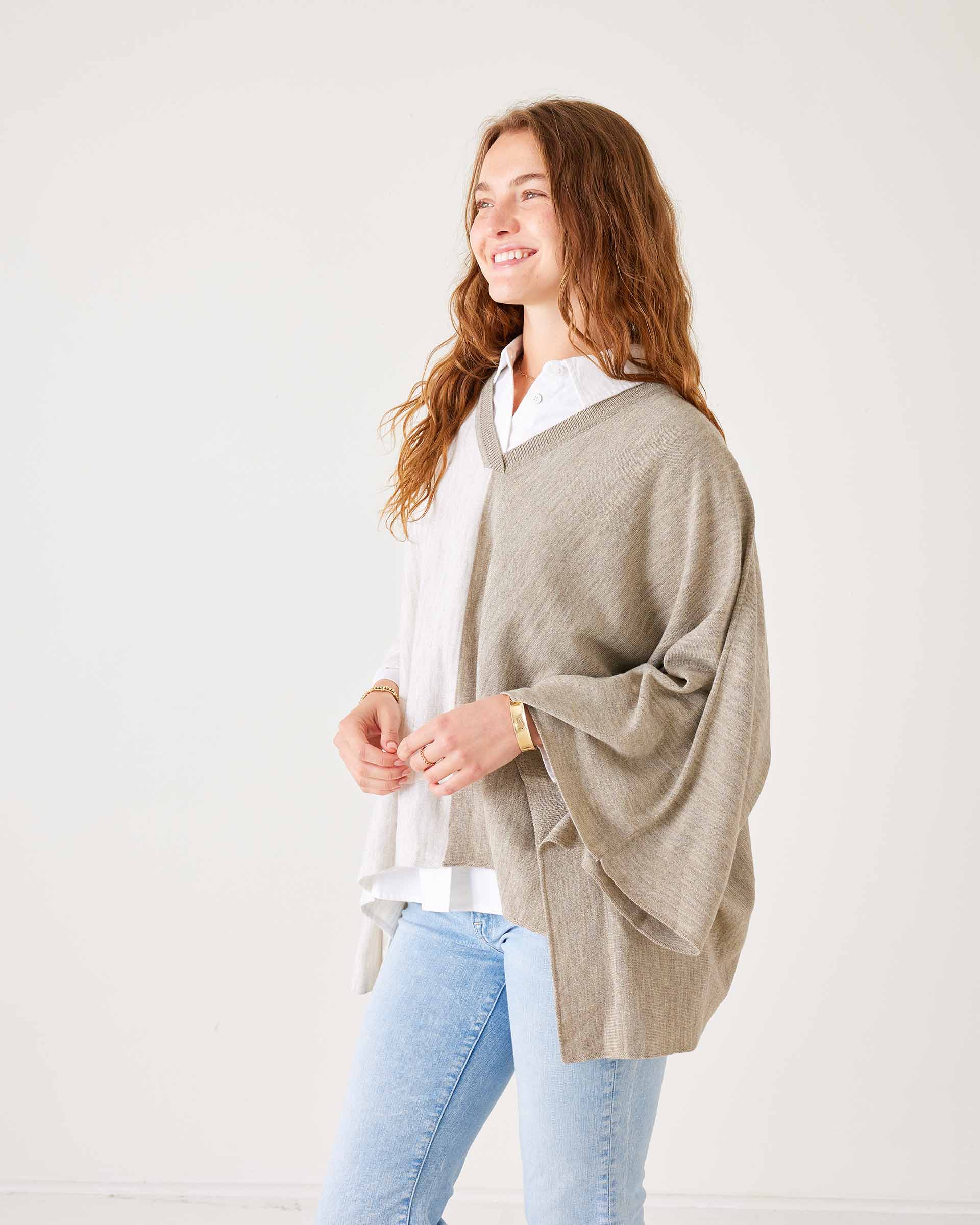 Women's White Brown Oversized Poncho Perfect for Layering