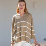 Women's Oversized Brown Striped Sweater with Ribbed Detail