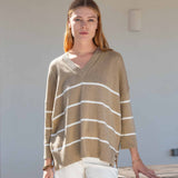 Women's Oversized Brown Striped Sweater with Ribbed Detail