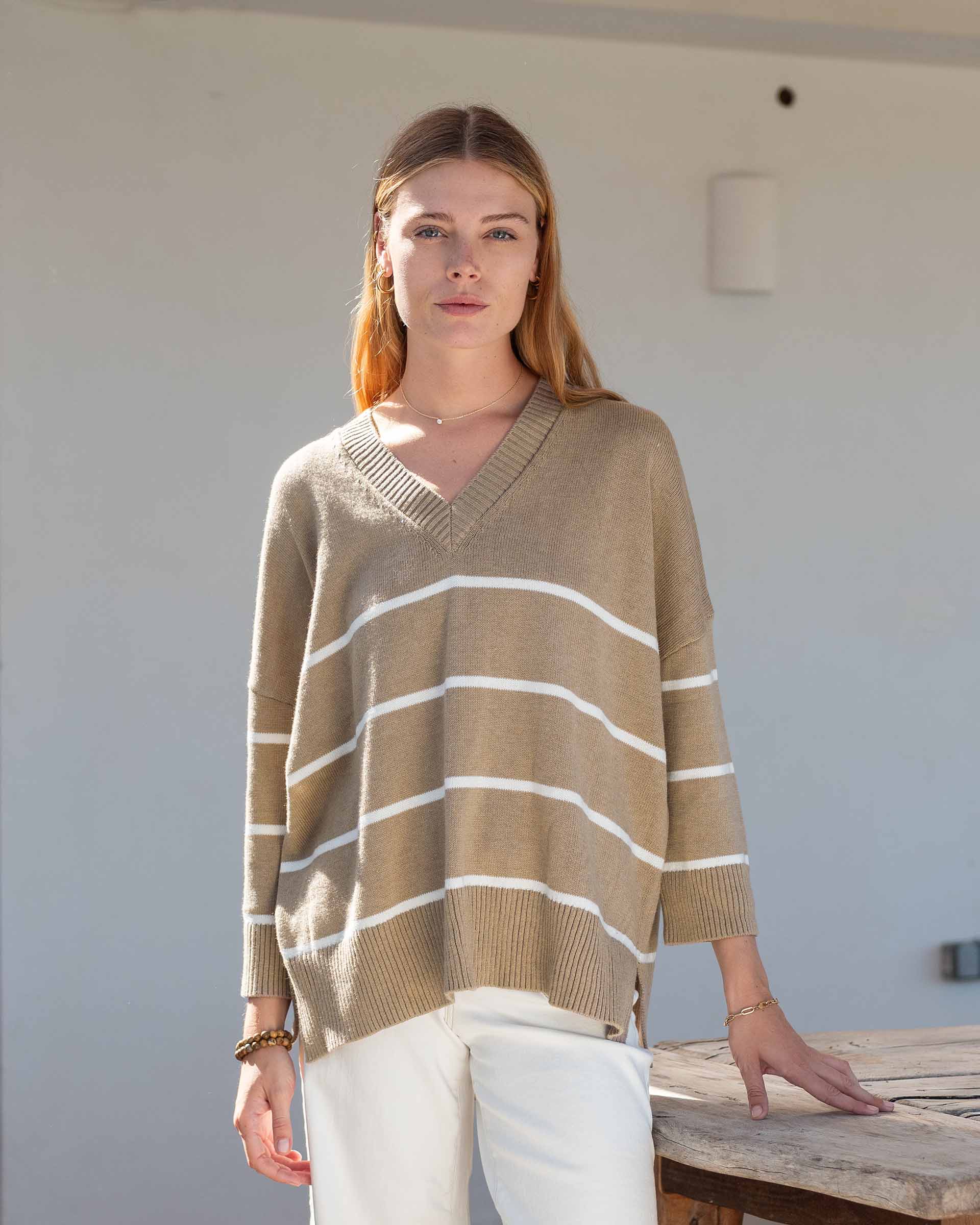 Women's Oversized Brown Striped Sweater with Ribbed Detail