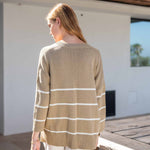 Women's Oversized Brown Striped Sweater with Ribbed Detail