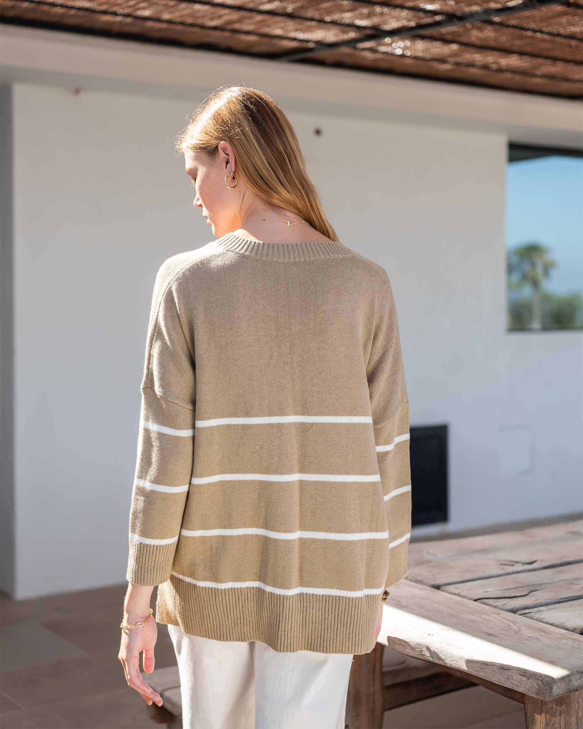 Women's Oversized Brown Striped Sweater with Ribbed Detail