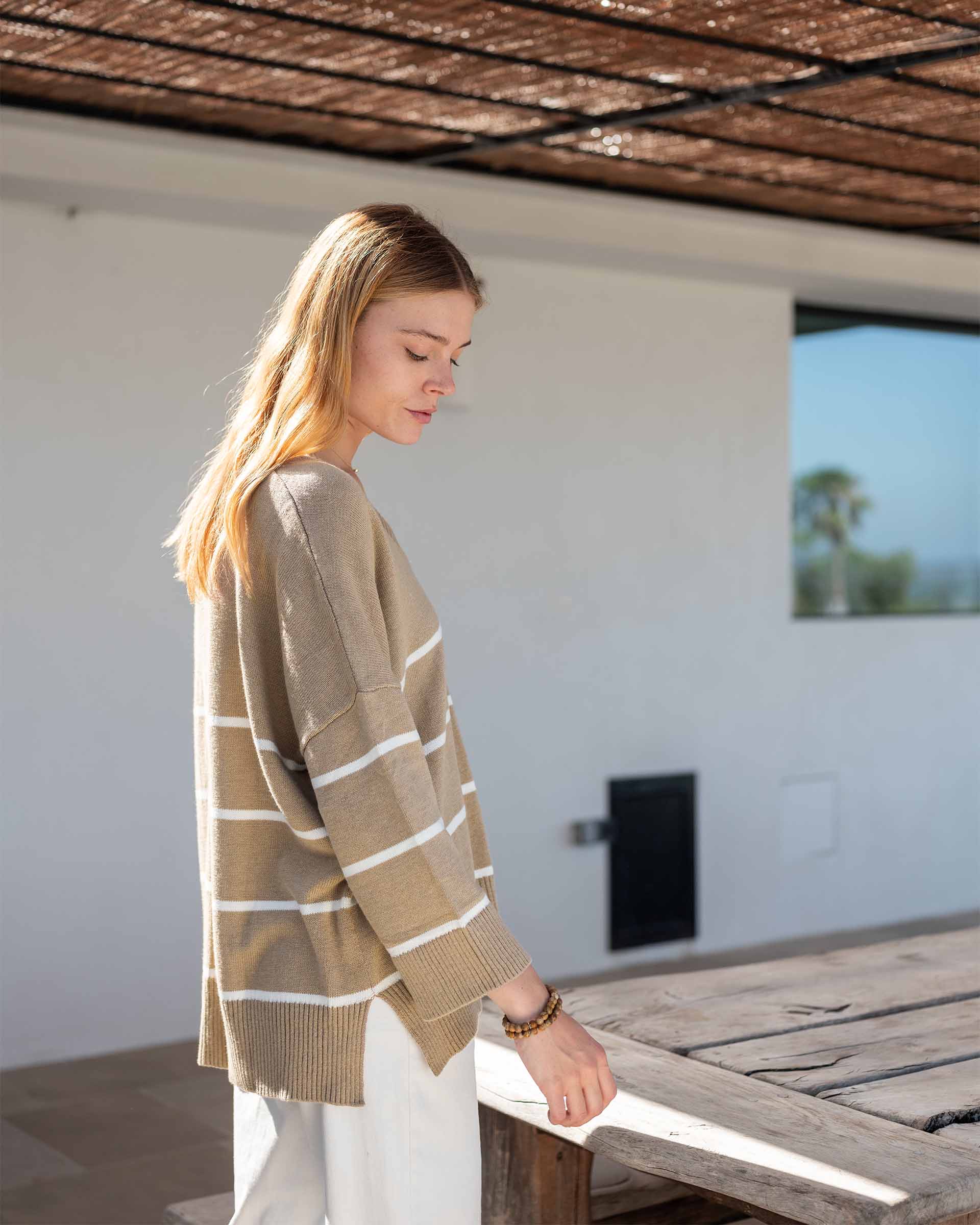 Women's Oversized Brown Striped Sweater with Ribbed Detail