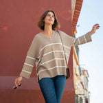 Women's Oversized Brown Striped Sweater with Ribbed Detail