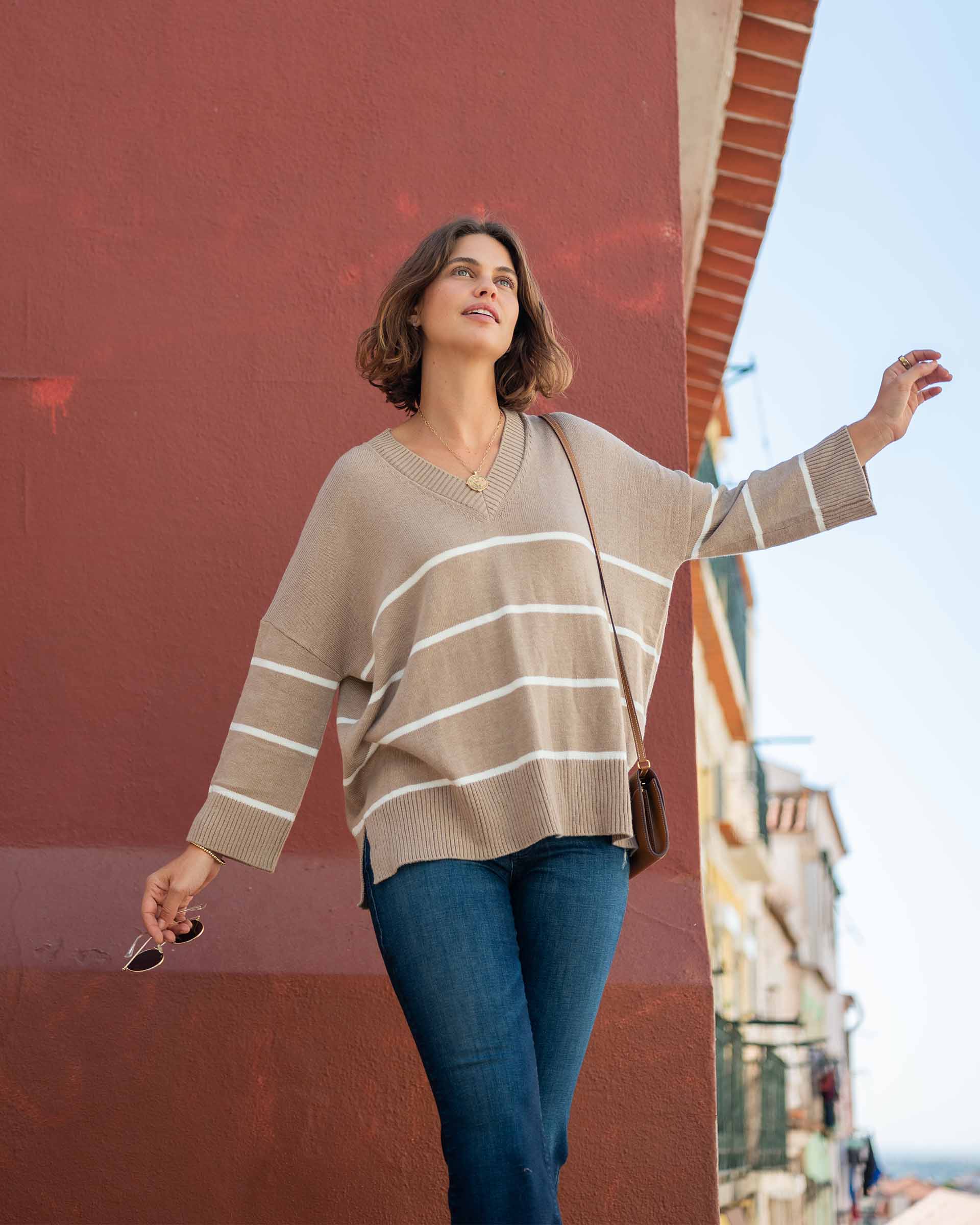 Women's Oversized Brown Striped Sweater with Ribbed Detail