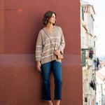 Women's Oversized Brown Striped Sweater with Ribbed Detail