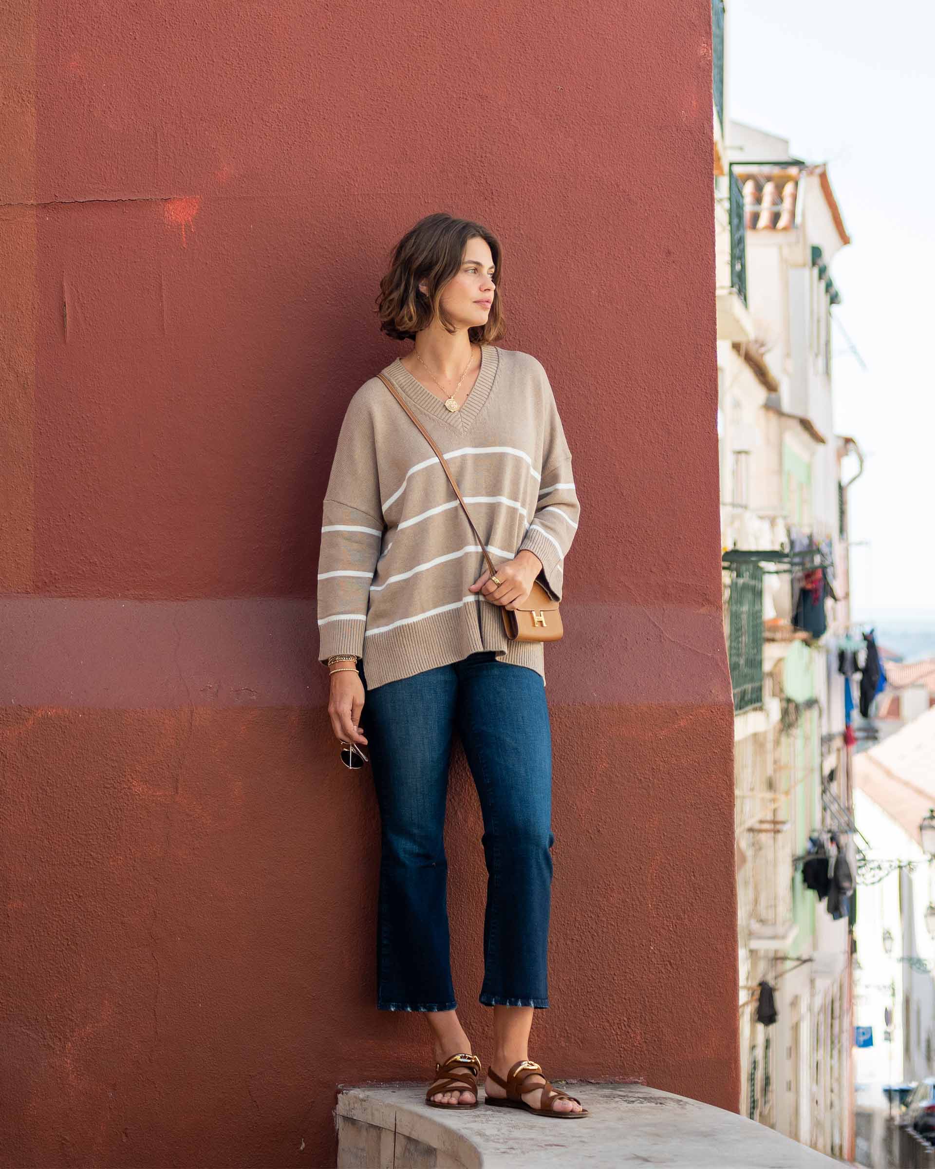 Women's Oversized Brown Striped Sweater with Ribbed Detail