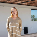 Women's Oversized Brown Striped Sweater with Ribbed Detail