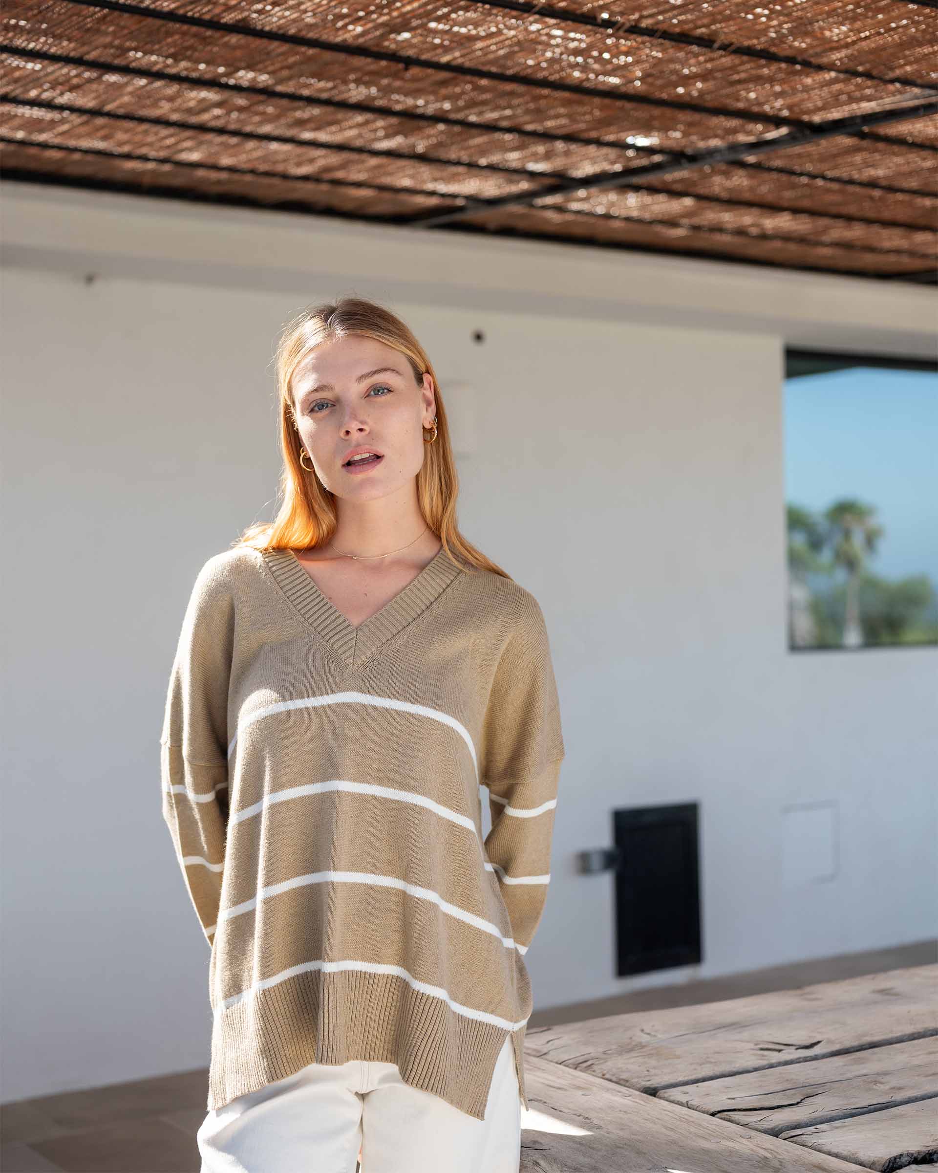 Women's Oversized Brown Striped Sweater with Ribbed Detail