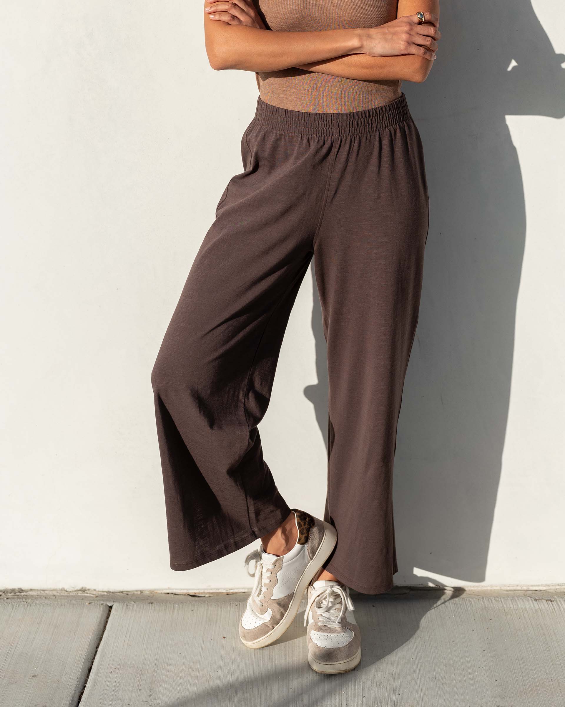 Women's Brown Wide Leg Ankle Side Slit Pant