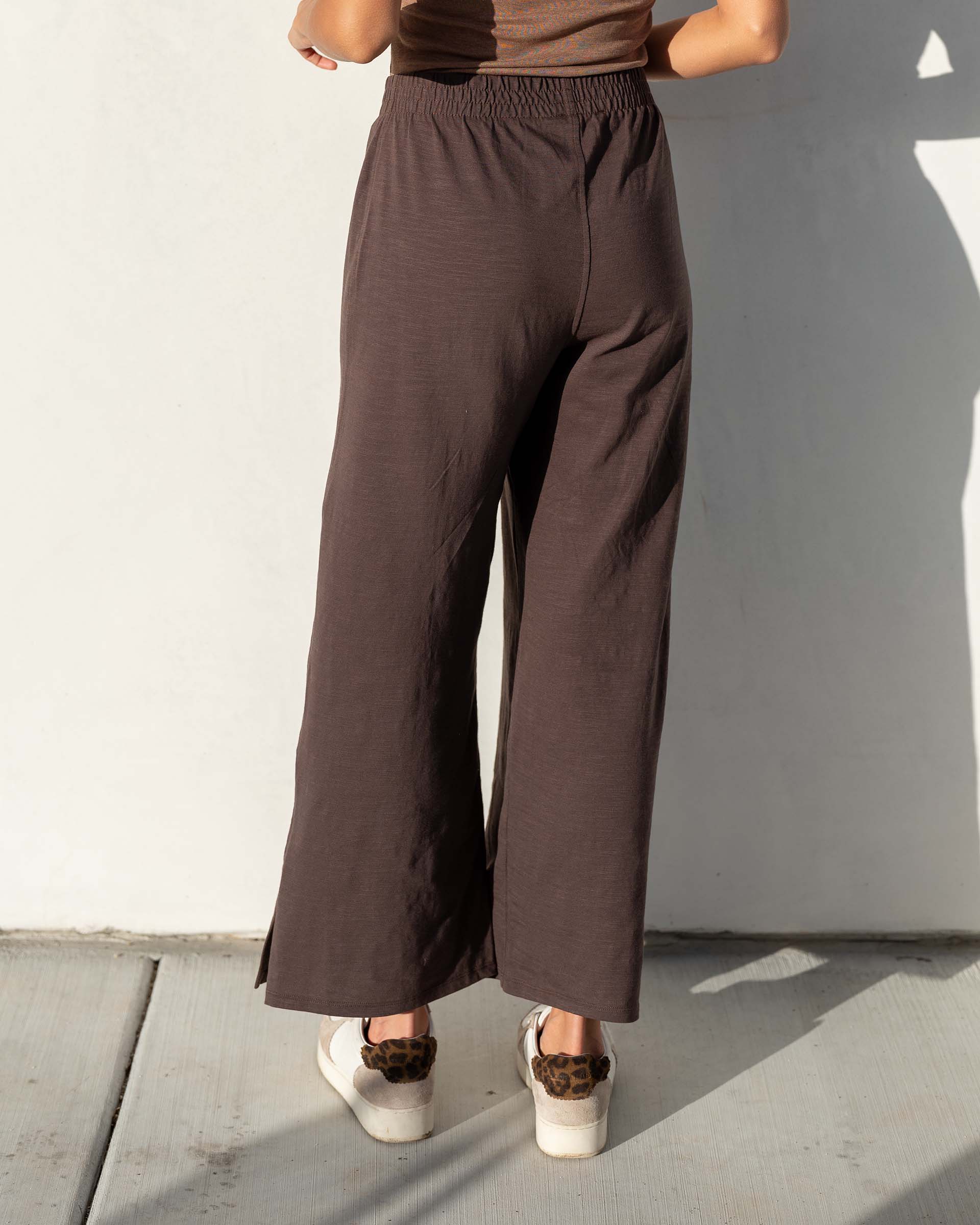 Women's Brown Wide Leg Ankle Side Slit Pant