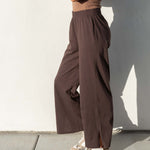 Women's Brown Wide Leg Ankle Side Slit Pant