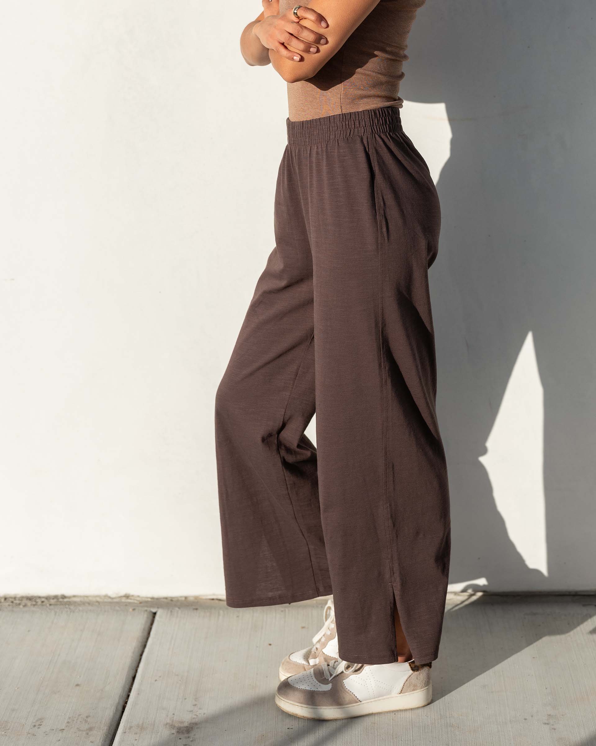 Women's Brown Wide Leg Ankle Side Slit Pant