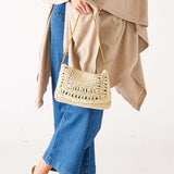 Women's Chambray Lined Natural Straw and Crocheted Sun Chaser Clutch Bag with Liner and Interior Pocket Front View