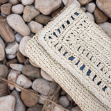 Women's Chambray Lined Natural Straw and Chocheted Sun Chaser Clutch Bag with Liner and Interior Pocket Closeup