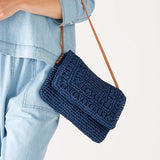 Women's Chambray Lined Navy Straw and Chocheted Sun Chaser Clutch Bag with Liner and Interior Pocket Front View 1