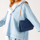 Women's Chambray Lined Navy Straw and Chocheted Sun Chaser Clutch Bag with Liner and Interior Pocket Front View 2