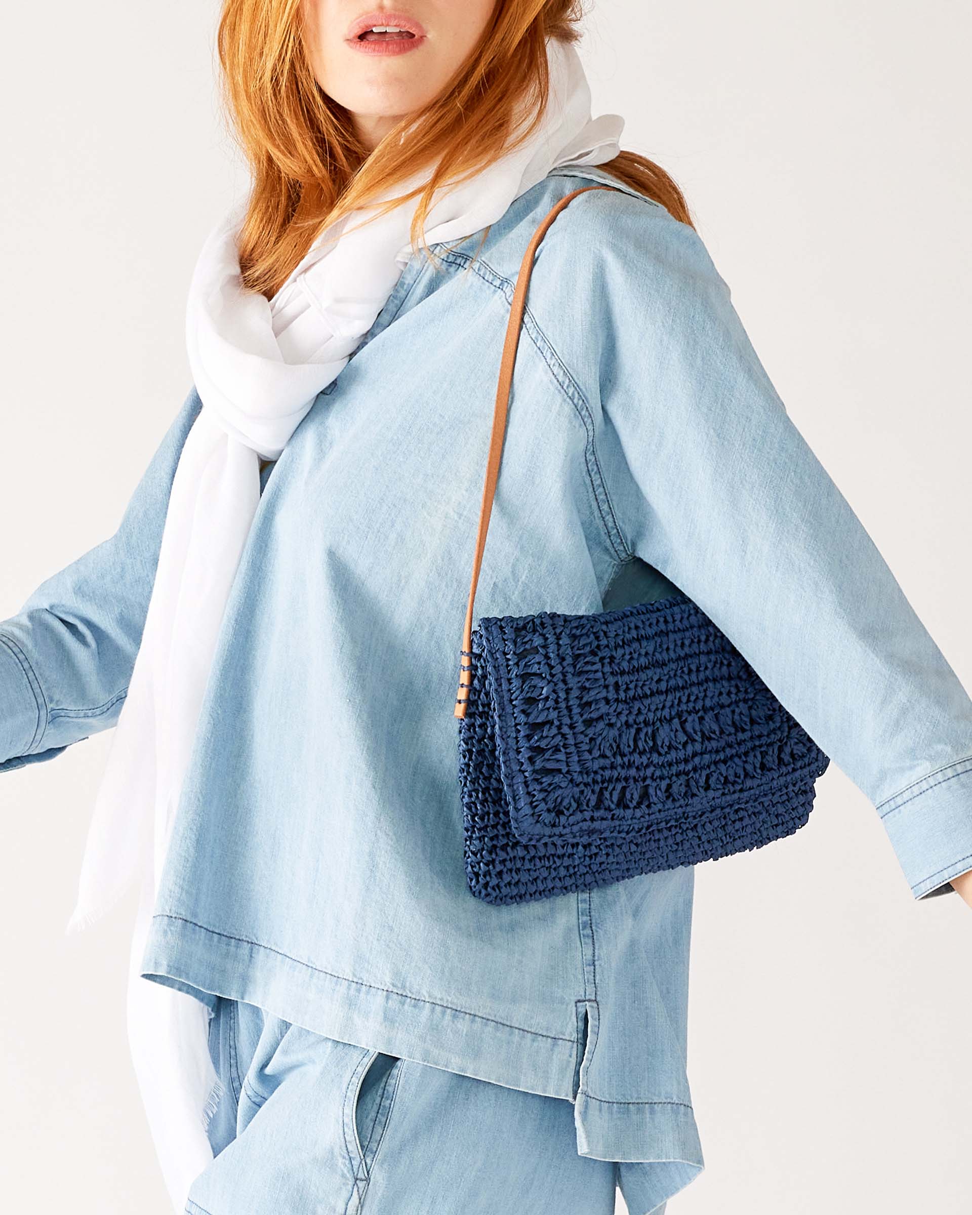 Women's Chambray Lined Navy Straw and Chocheted Sun Chaser Clutch Bag with Liner and Interior Pocket Front View 2