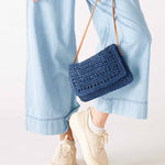 Women's Chambray Lined Navy Straw and Chocheted Sun Chaser Clutch Bag with Liner and Interior Pocket front View 3