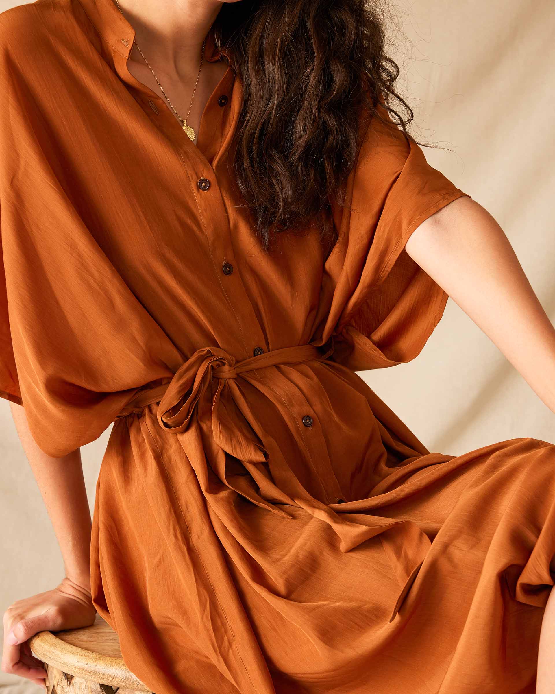 Women's Clay Mallorca Kaftan Dress and Coverup With Button-up Front Sleeveless Drop Shoulder and Removable Self Belt Close Up