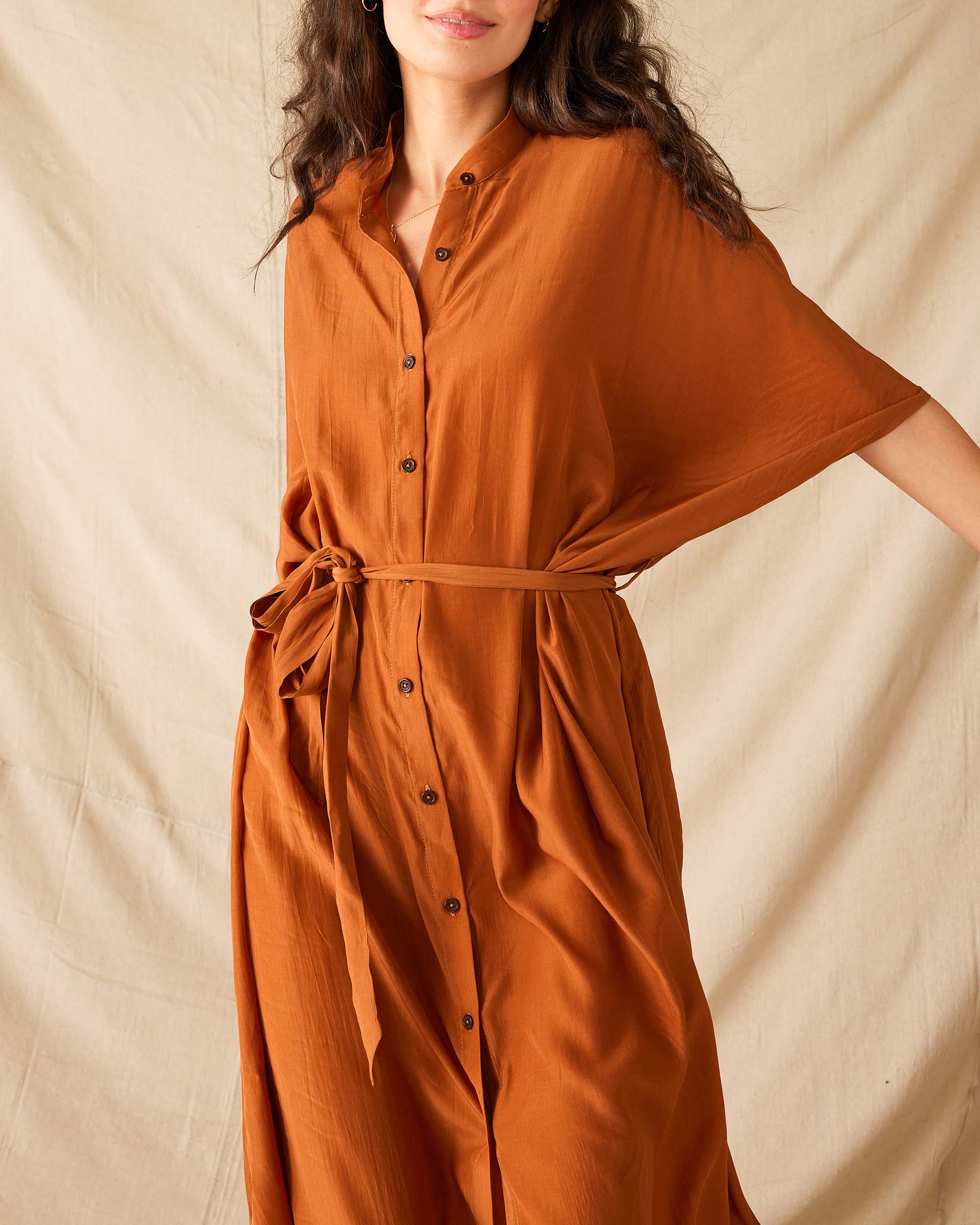 Women's Clay Mallorca Kaftan Dress and Coverup With Button-up Front Sleeveless Drop Shoulder and Removable Self Belt Front View
