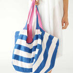 Women's Cotton Blue Striped Solid Pink Reversible Gemini Beach Day Tote with Twill Tie Closure and Interior Slip Pocket Exterior Striped Side