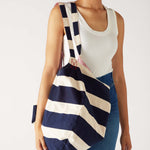 Women's Cotton Navy Striped Solid Red Reversible Gemini Beach Day Tote with Twill Tie Closure and Interior Slip Pocket Striped Side