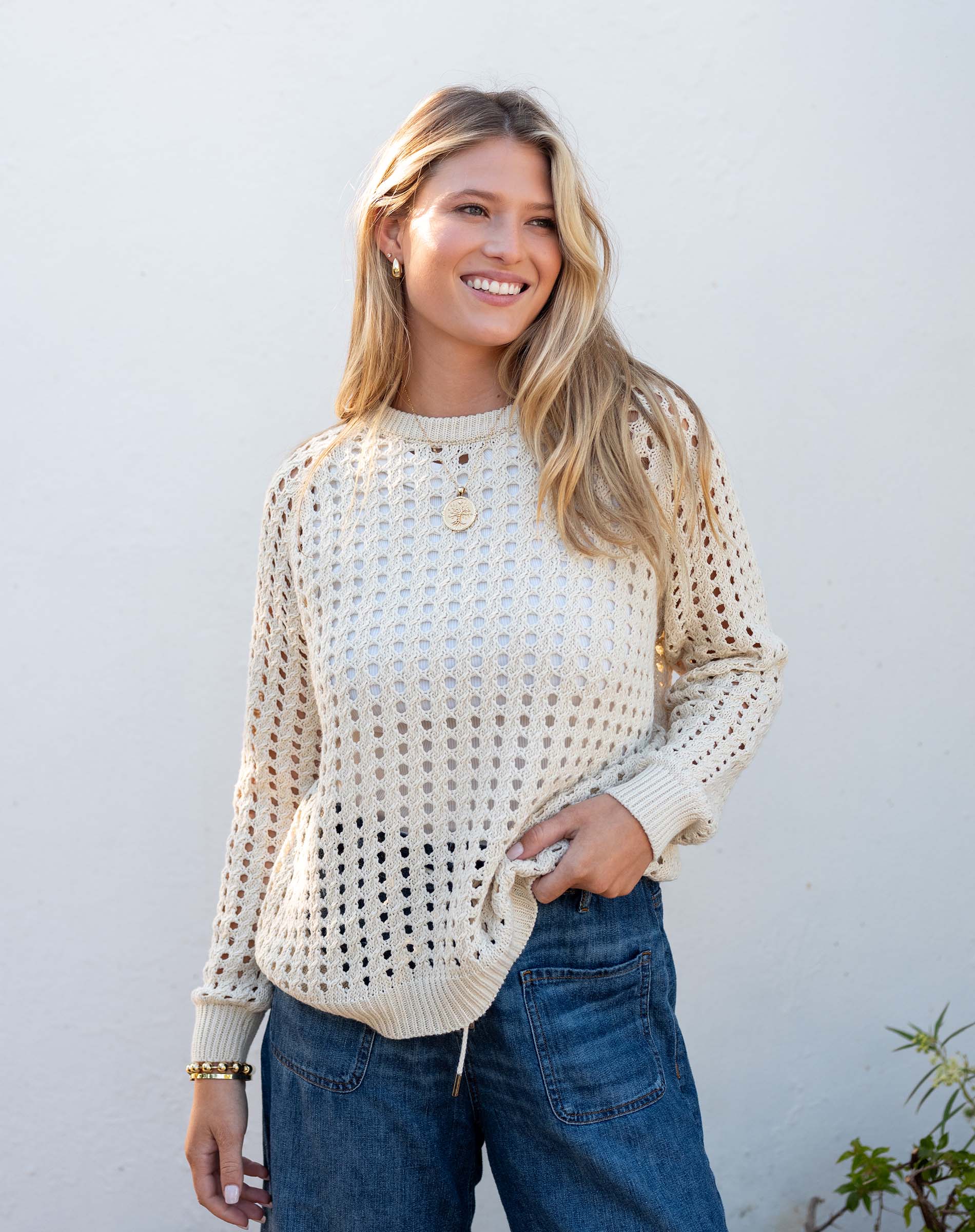 Women's Cream Breezy Crochet Crewneck