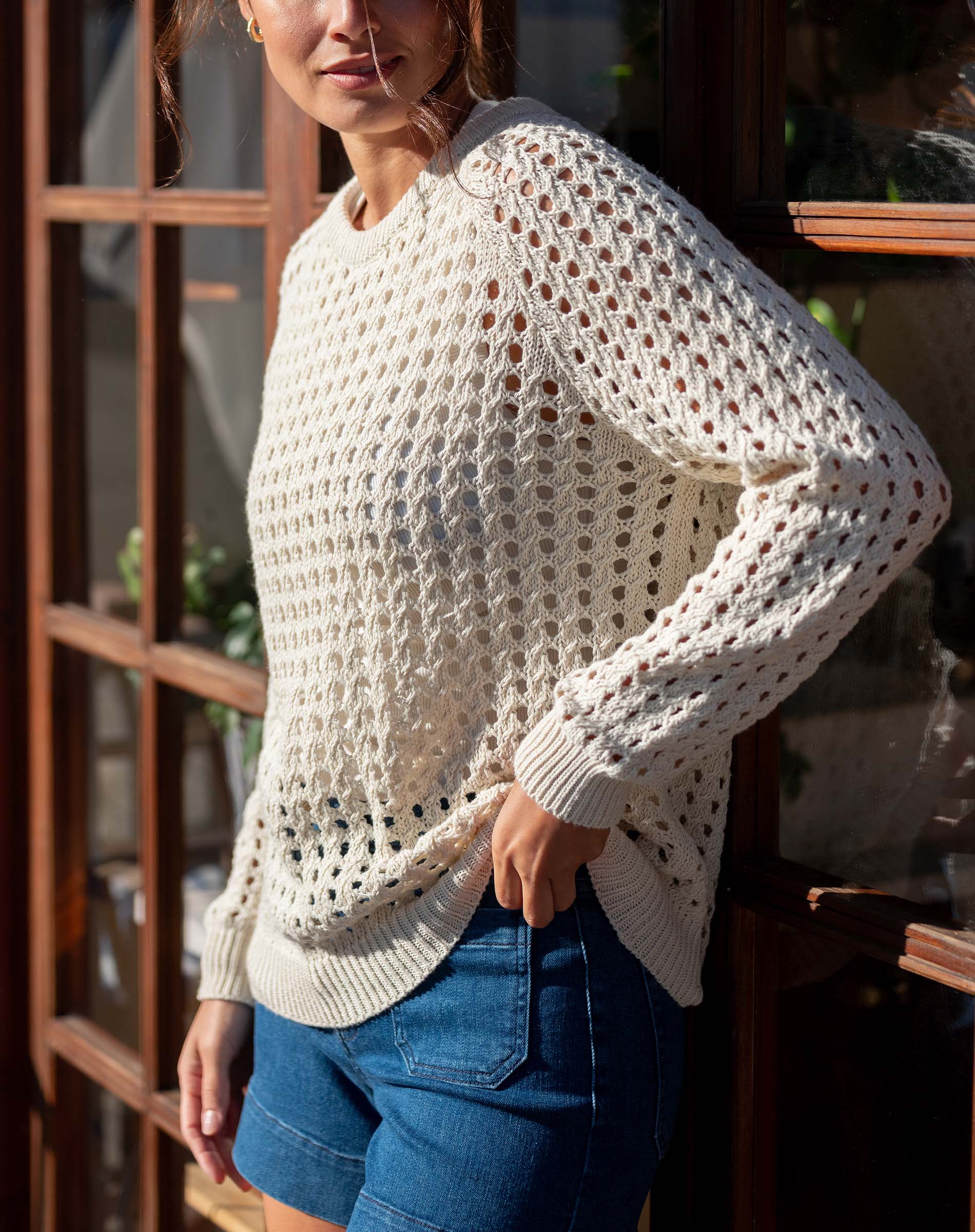 Women's Cream Breezy Crochet Crewneck